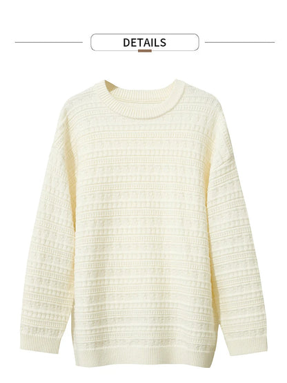 Pullover Cremeweiß, Rundhalsausschnitt, feines Strickmuster, lange Ärmel (Detailansicht)