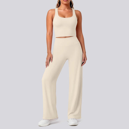 Damen-Yoga-Set in Hellivory: Crop-Top, hoher Bund und locker fallende weite Hose