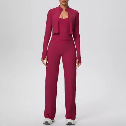 Rotes Yoga-Lauf-Set: Trägertop, langärmlige Jacke mit offenen Taschen, weite Hose