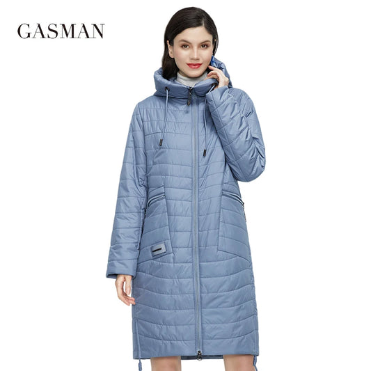 Lange Damen-Frühlingsjacke mit Stehkragen und Kapuze – Designer-Trench im Casual-Stil