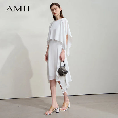 Weißes Chiffon-Kleid für Damen mit Tailliennaht, asymmetrischem Überwurf und Midi-Länge