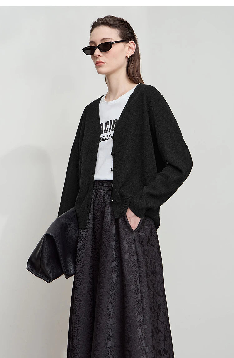 Damen-Strickjacke V-Ausschnitt Wolle lang locker Herbst-Winter