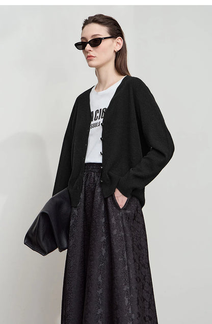 Damen-Strickjacke V-Ausschnitt Wolle lang locker Herbst-Winter