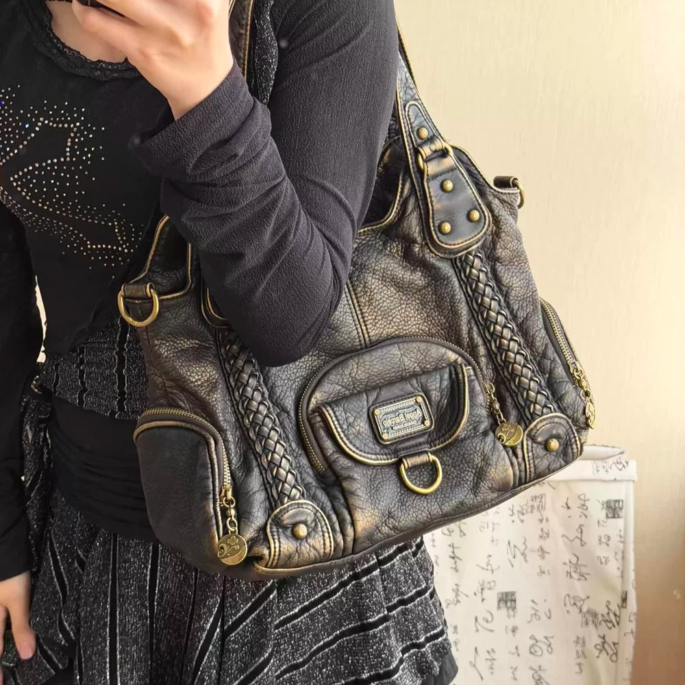 Damen Große Henkeltasche Aus Leder Mit Geflochtenen Details In Retro Waschoptik Groß
