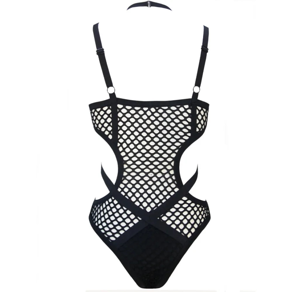 Damen Badeanzug Fischnetz Mesh schwarz Monokini Einteiler Strandmode