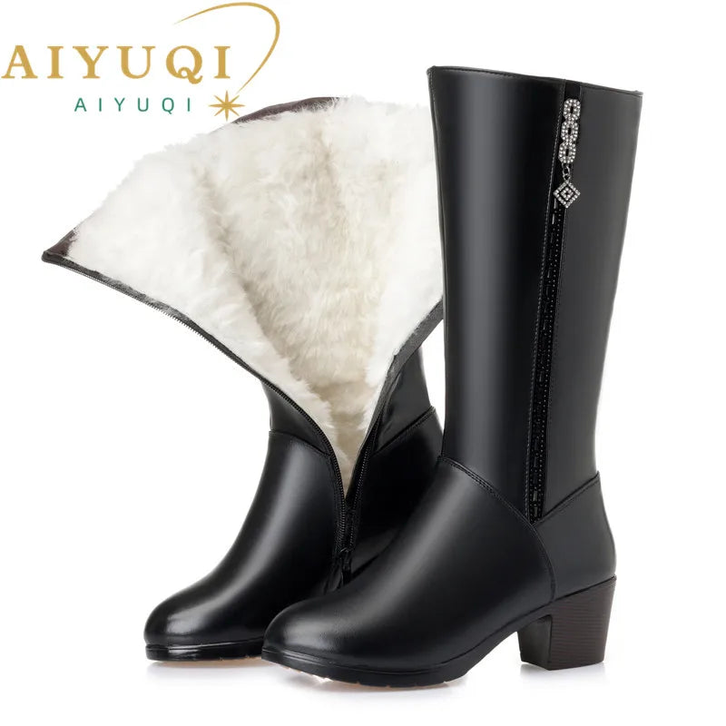 AIYUQI Winterstiefel aus Leder, schwarze Stiefel mit Wollfutter und Absatz