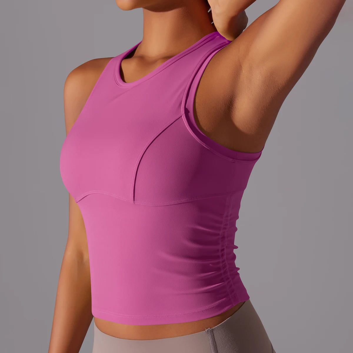 Ärmelloses Yoga-Sporttop in Pink mit Rundhalsausschnitt und geradem Saum