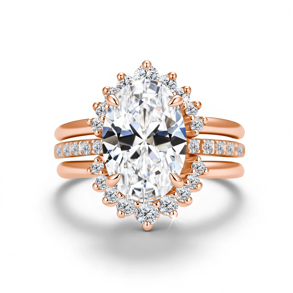 Damen-Verlobungsring-Set aus Silber mit ovalem Moissanit, 5 Karat Gesamt, 3-Teiliges Ringset, Zertifikat