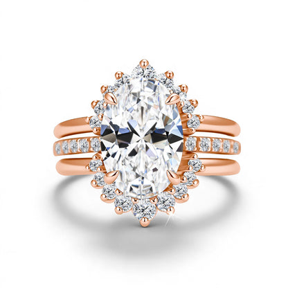 Damen-Verlobungsring-Set aus Silber mit ovalem Moissanit, 5 Karat Gesamt, 3-Teiliges Ringset, Zertifikat