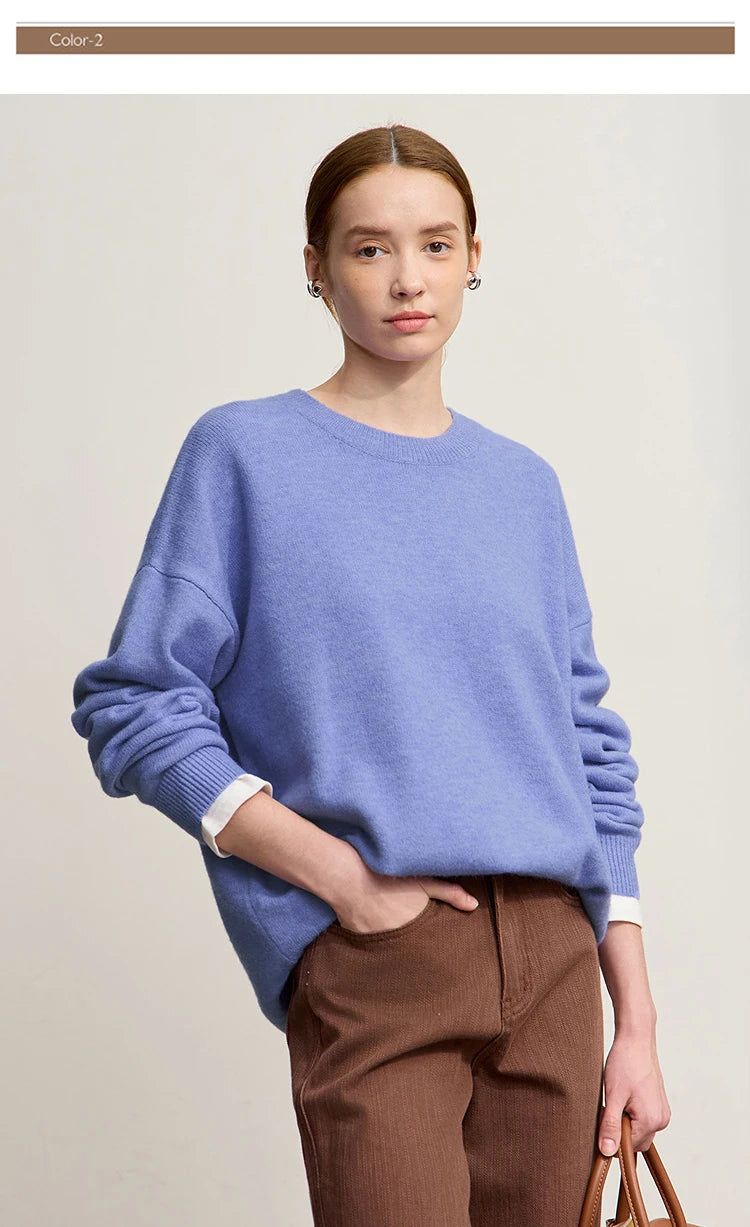 Minimalistischer Damen-Strickpullover, blau, O-Ausschnitt, langarm, gerippte Bündchen