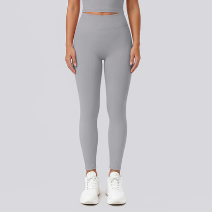 Hellgraue Yoga-Leggings mit hohem Bund, körpernahe Passform, Rückansicht