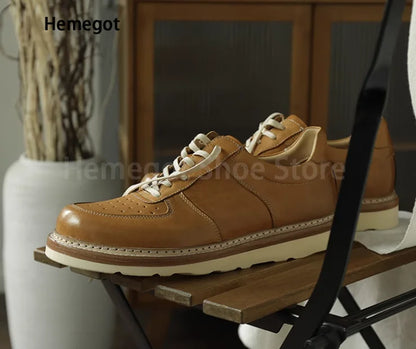 Round Toe Thick Soled Board Shoes Retro Genuine Leather Wear-Resistant Breathable Solid Color Casual Shoes Handmade Men's Shoes