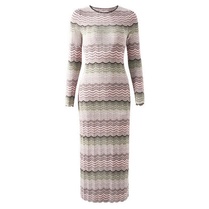 Elegantes Damen-Midikleid mit Rundhalsausschnitt und langen Ärmeln im Patchwork-Design mit Diamantenmuster