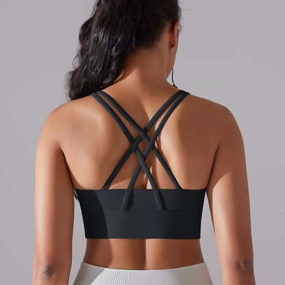 Damen-Sport-BH mit X-Rücken und breitem Unterbrustband, schwarz