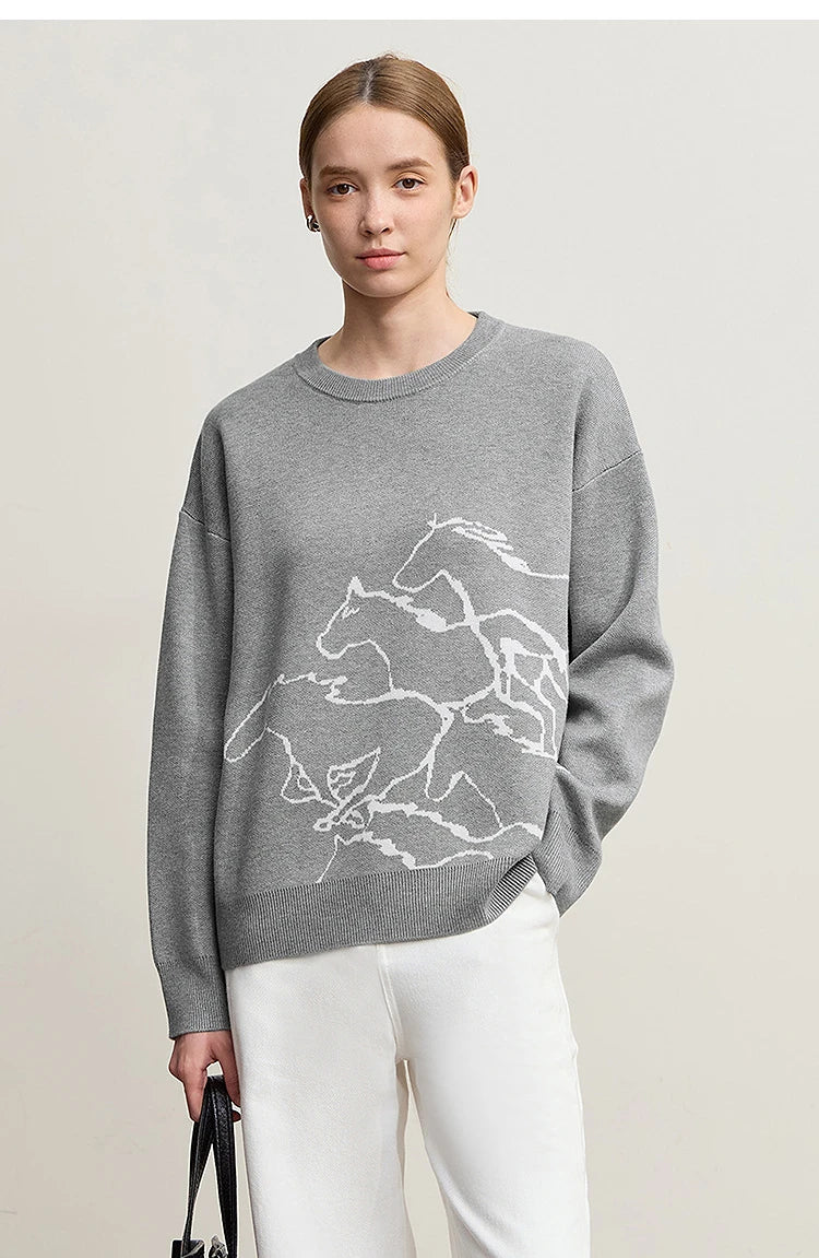 Damen-Rundhalspullover Tier-Jacquard locker Langarm Winter
