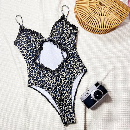 Damen Badeanzug Cut-Out Rüschen Leopard Monokini hoher Beinausschnitt gepolstert