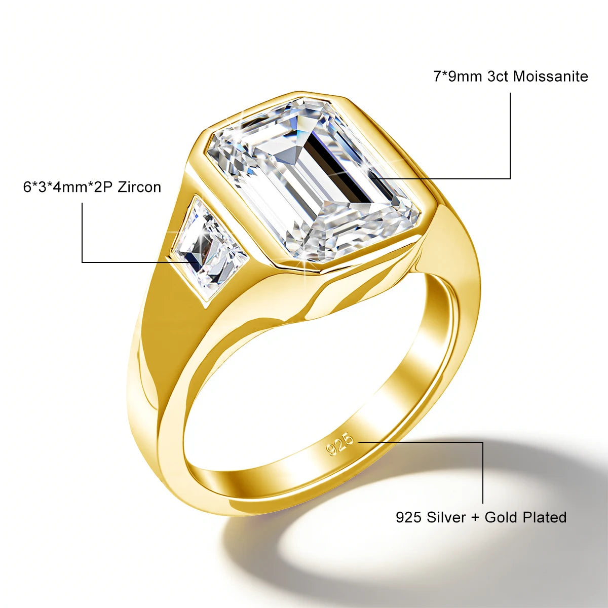 Unisex-Verlobungsring Moissanit im Smaragdschliff Drei-Stein-Design aus 925 Silber