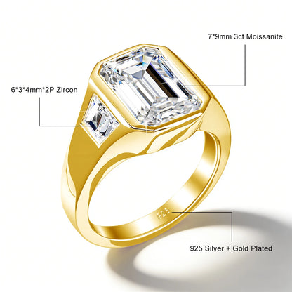 Unisex-Verlobungsring Moissanit im Smaragdschliff Drei-Stein-Design aus 925 Silber