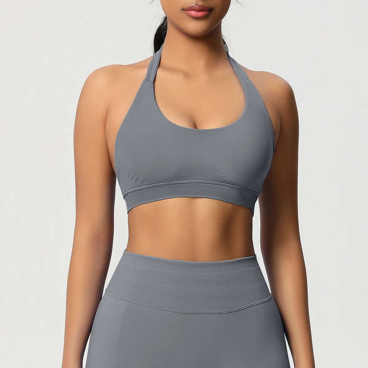 Nahtloser Sport-BH mit Push-up, dunkelgrau, Racerback, Rundhalsausschnitt, breiter Bund