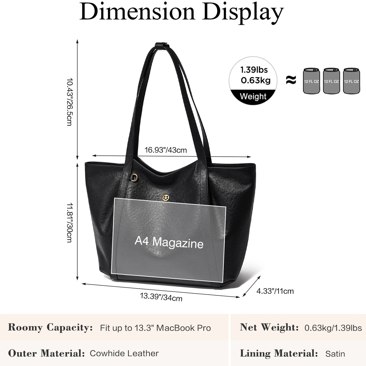 Damen-Tote-Tasche aus Rindleder mit großer Kapazität und leichtem Gewicht für Pendeln und Alltag