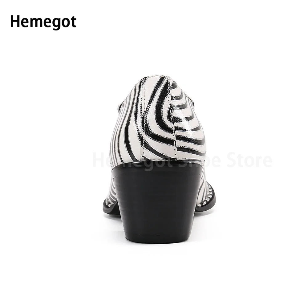 Zebra Stripes Lace-Up Brogue Shoes for Men Iron Toe High-Heeled High-End Men's High-Heeled Leather Shoes Banquet Dress Shoes