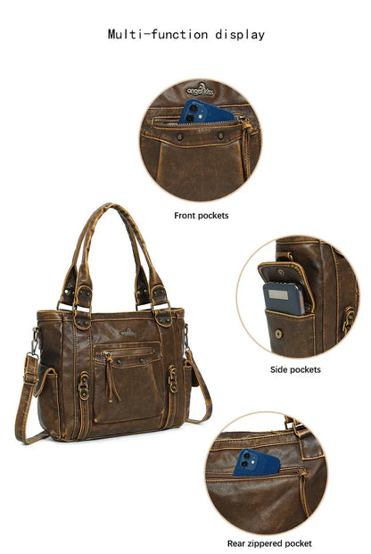 Damen-Schultertasche aus PU mit Mehrfachfächern Bronze Vintage Look Geräumige Innentaschen