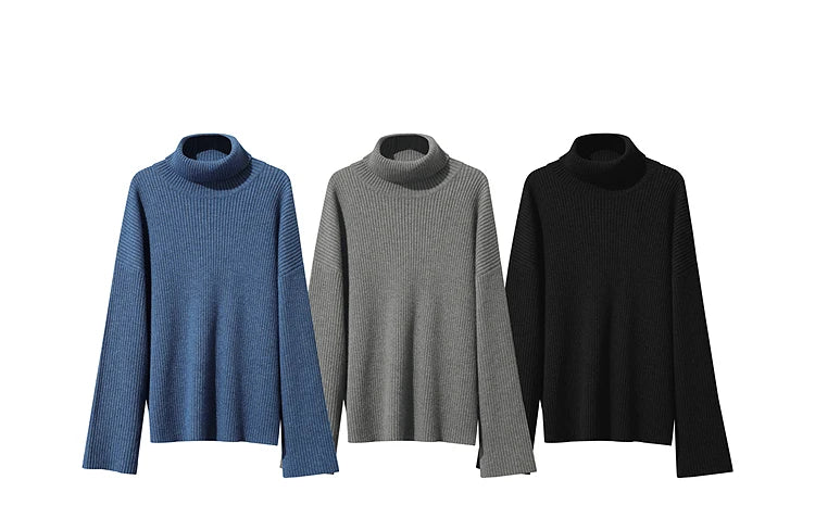 Rollkragenpullover in drei Farben: blau, grau und schwarz, Frontansichten