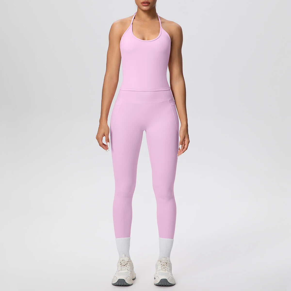 Damen-Yoga-Set in Flieder: ärmelloses Top und lange Leggings mit Handytasche