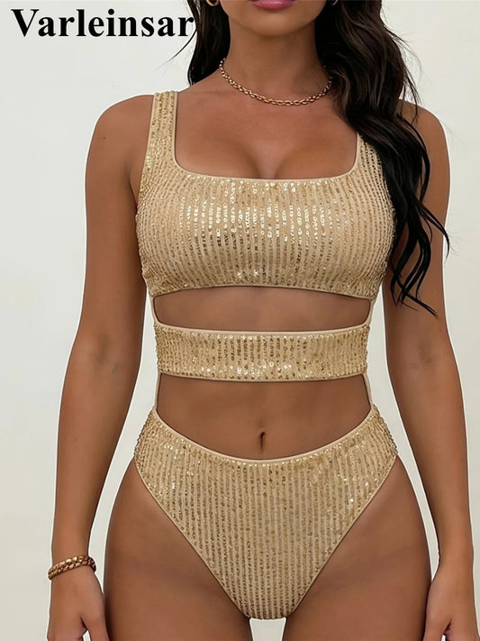 Goldener Pailletten-Monokini mit Cut-outs und High-Cut-Slip, quadratischem Ausschnitt