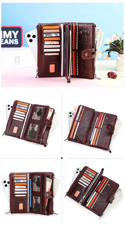 Damen Echtleder Lange Geldbörse Vintage Clutch Reißverschluss Handytasche Kartenhalter