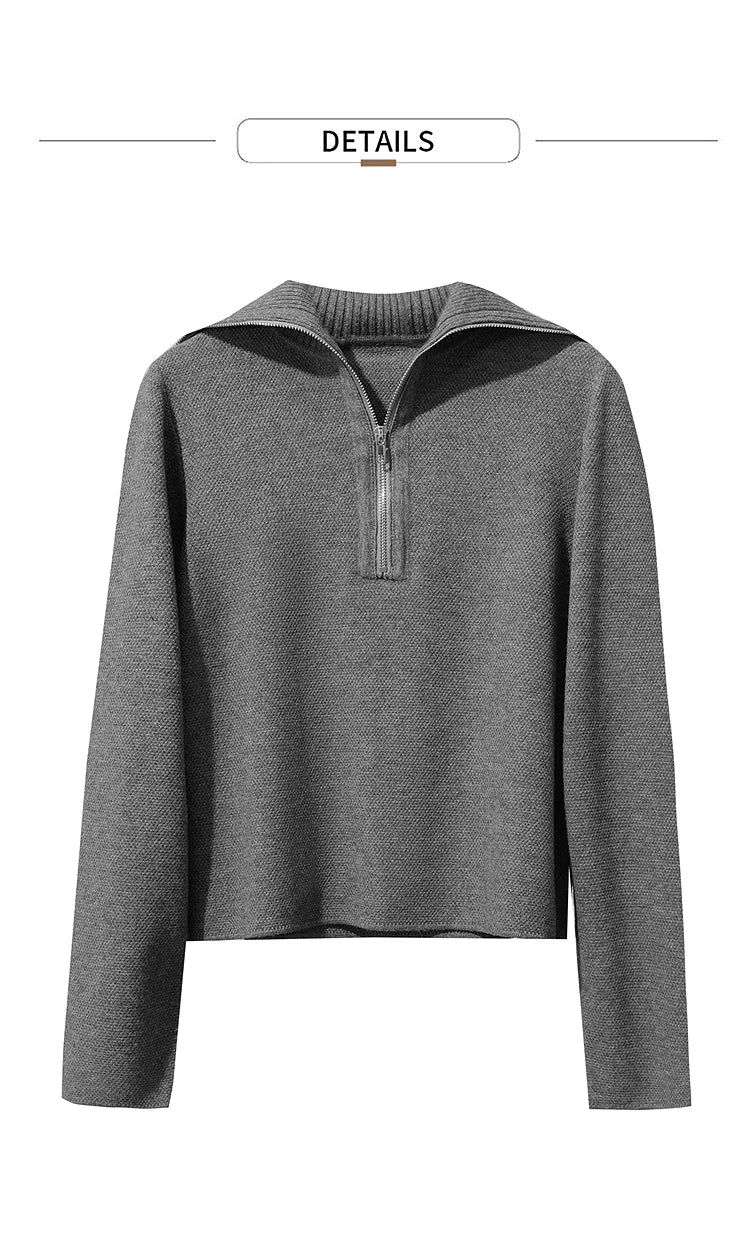 Graues Strick-Sweatshirt mit halbem Reißverschluss und geripptem Kragen