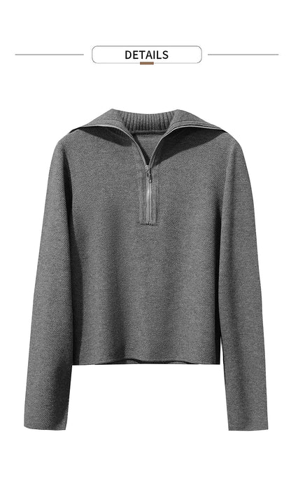 Graues Strick-Sweatshirt mit halbem Reißverschluss und geripptem Kragen