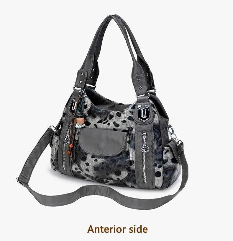 Damen-Hobo-Tasche aus gewaschenem Leder mit grau-Leoparden-Print und mehreren Fächern und viel Stauraum