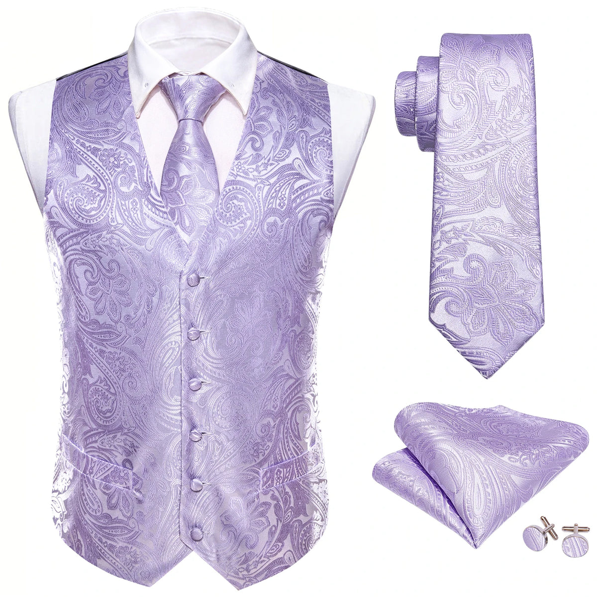Herrenweste-Set Paisley-Jacquard in Helllila, mit Krawatte und Einstecktuch