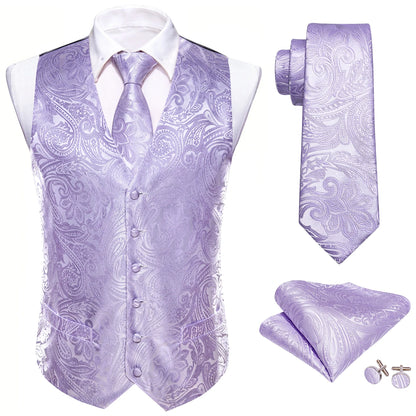 Herrenweste-Set Paisley-Jacquard in Helllila, mit Krawatte und Einstecktuch