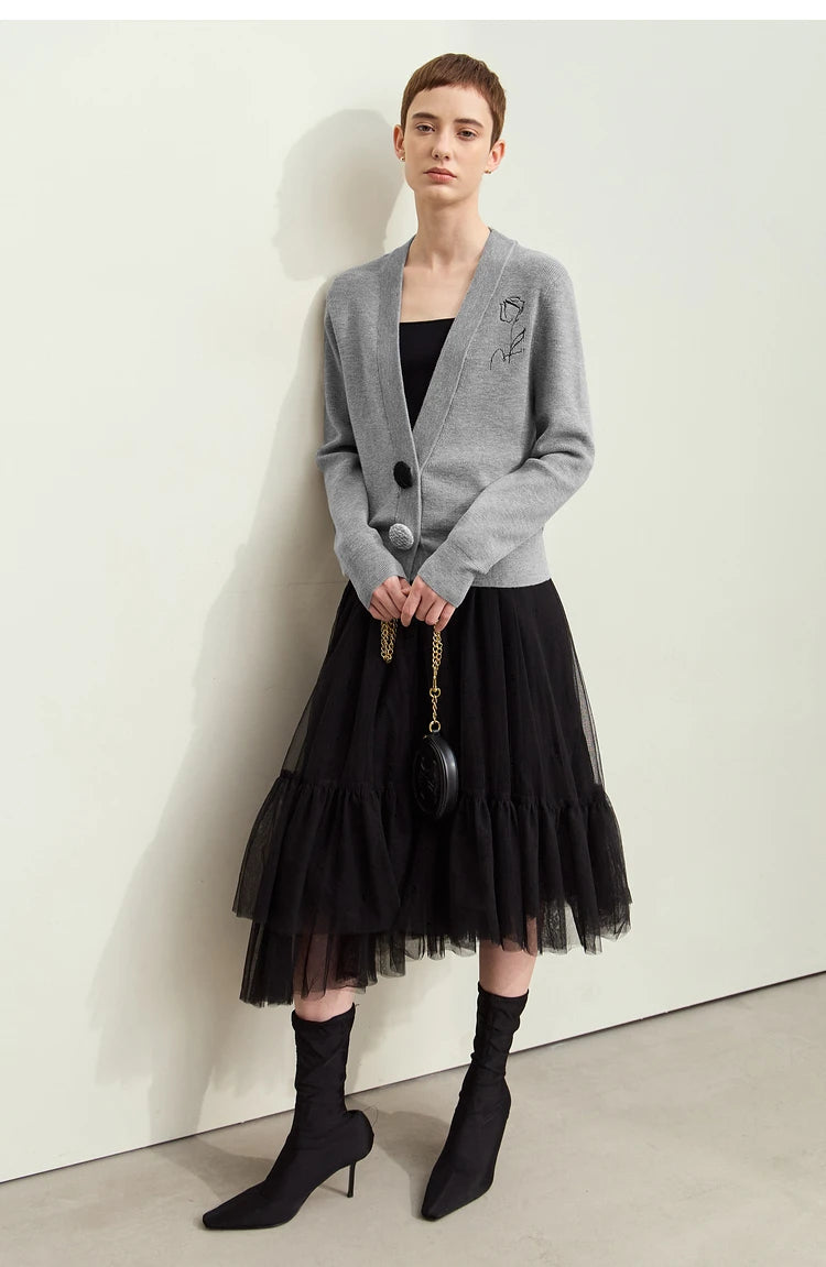 Damen-Strickjacke V-Ausschnitt Stickerei locker Langarm Herbst
