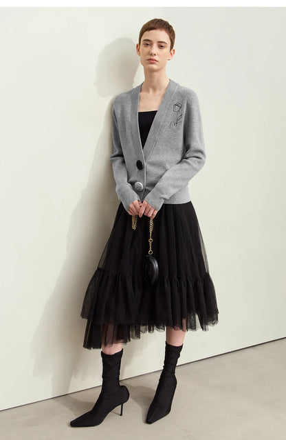 Damen-Strickjacke V-Ausschnitt Stickerei locker Langarm Herbst