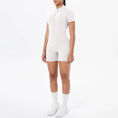 Damen-Overall mit Reißverschluss, kurzärmelig, weiß, kurz geschnitten