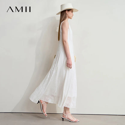 Ärmelloses Sommerkleid, seitlicher Blick, V-Ausschnitt, helles Beige, Midi-Länge