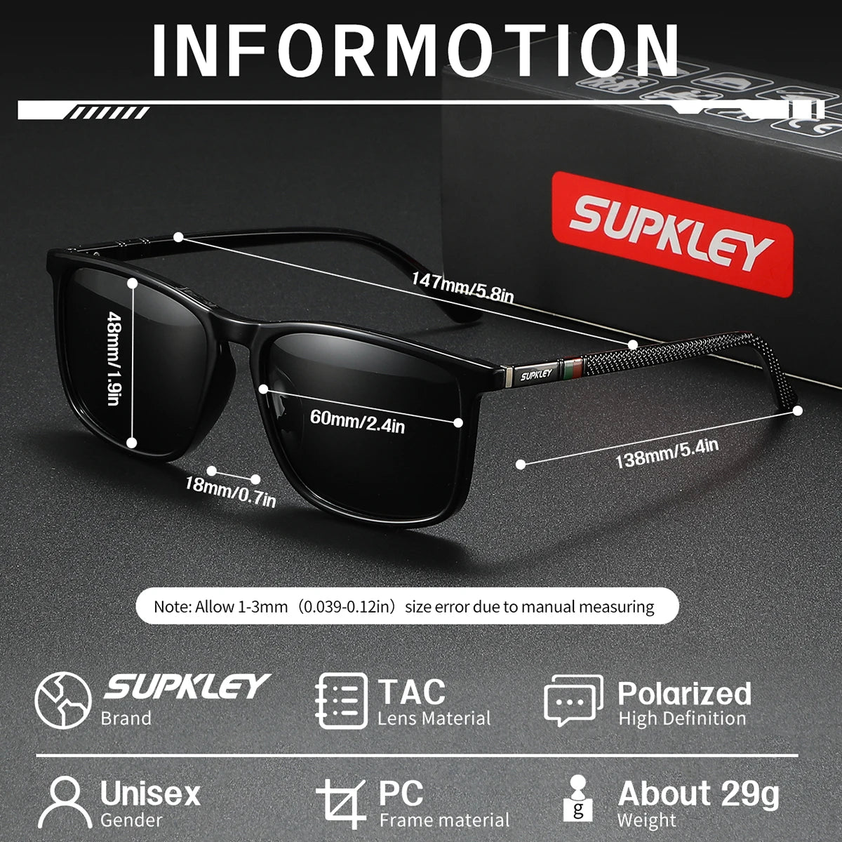 Sonnenbrille quadratisch klassisch polarisiert PC UV400 Sport Unisex