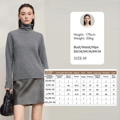 Grau melierter Wollpullover mit Rollkragen, langarm, lockerer Schnitt