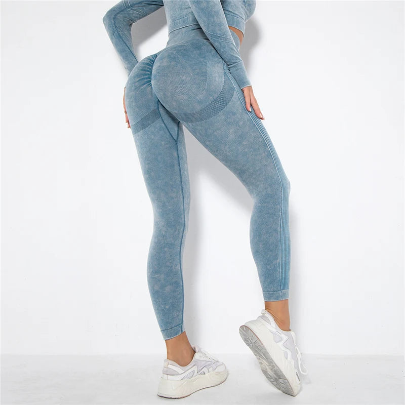 Nahtlose Yoga-Leggings mit hoher Taille, hellblau meliert, körperbetont bis zum Knöchel