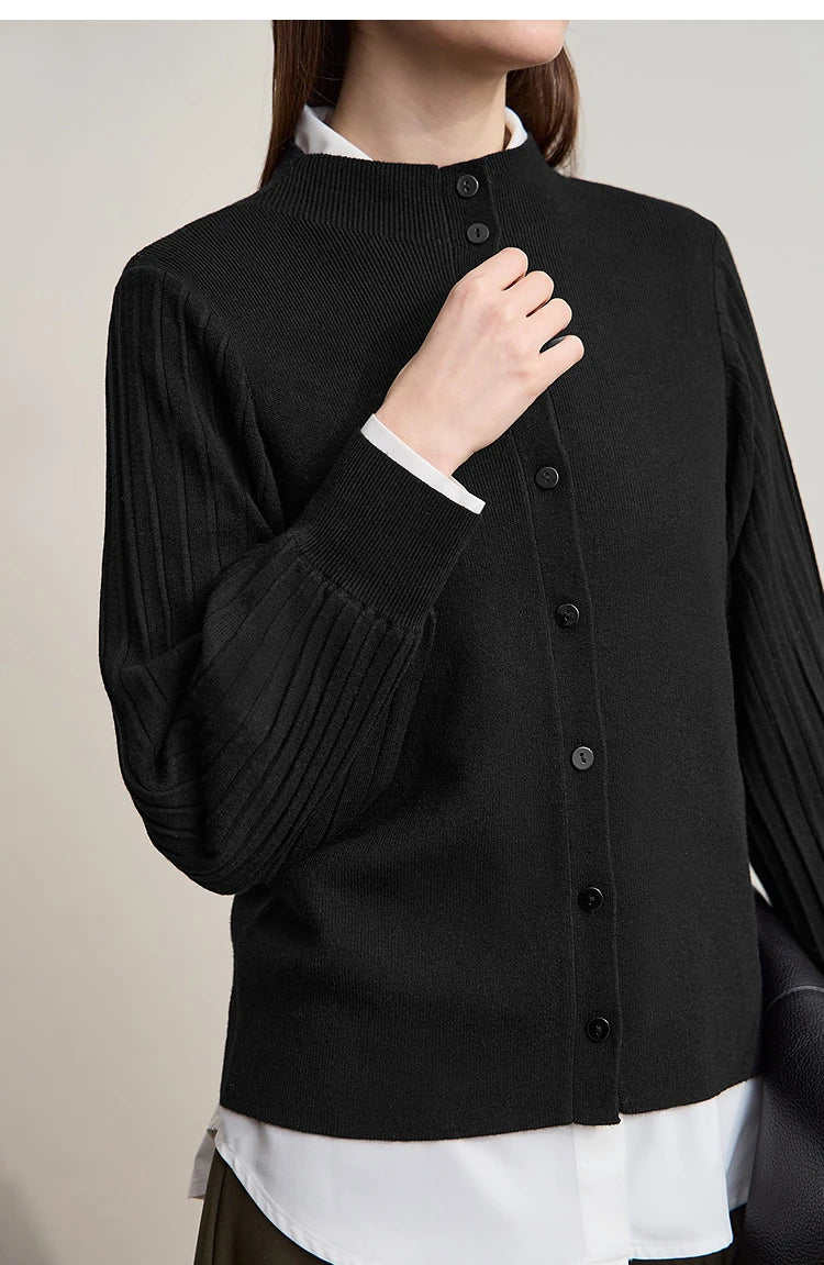 Damen-Strickjacke Slim halbhoher Kragen Laternenärmel Wolle-Mix Herbst