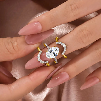 Damen-Verlobungsring-Set aus Silber mit ovalem Moissanit, 5 Karat Gesamt, 3-Teiliges Ringset, Zertifikat