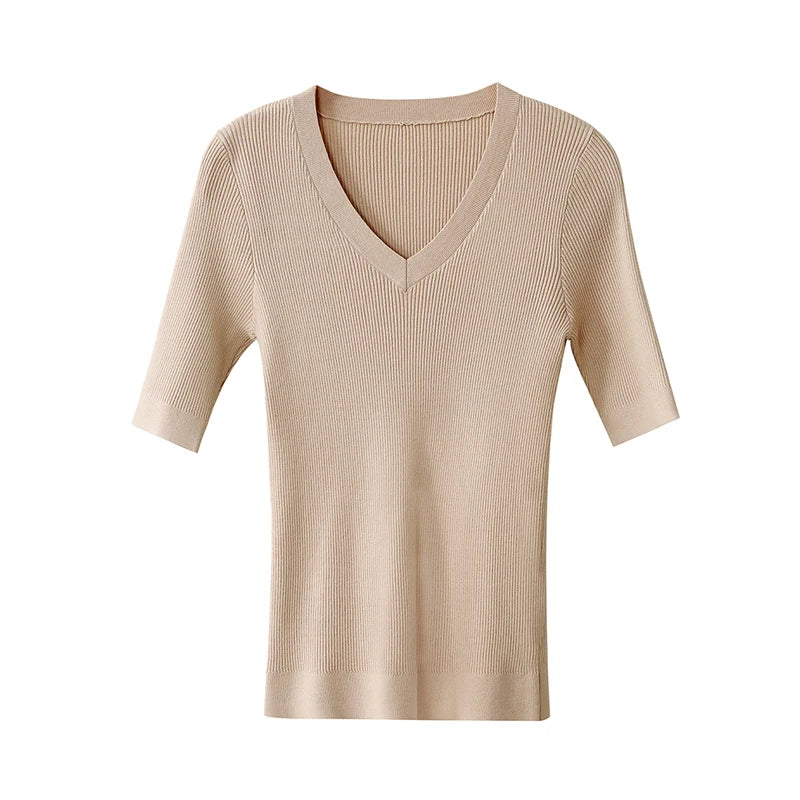 Damen V-Ausschnitt Pullover Viskose Halbarm Slim Büro Sommer
