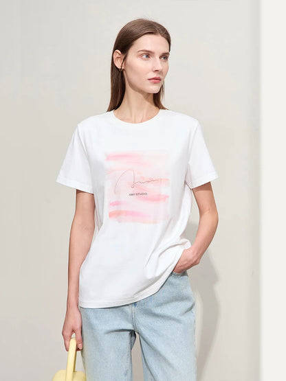 Damen T-Shirts im lässigen Minimalismus-Stil mit O-Ausschnitt und Stickerei