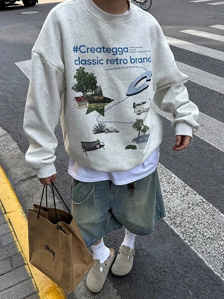 Herbst y2k Vintage Grey Print Sweatshirts für Männer neue übergroße Crewneck Pullover Hoodies High Street Sudaredaras Hombre