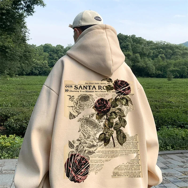 Herren-Hoodie in Hellbeige mit großem Rosen-Grafikdruck auf der Rückseite