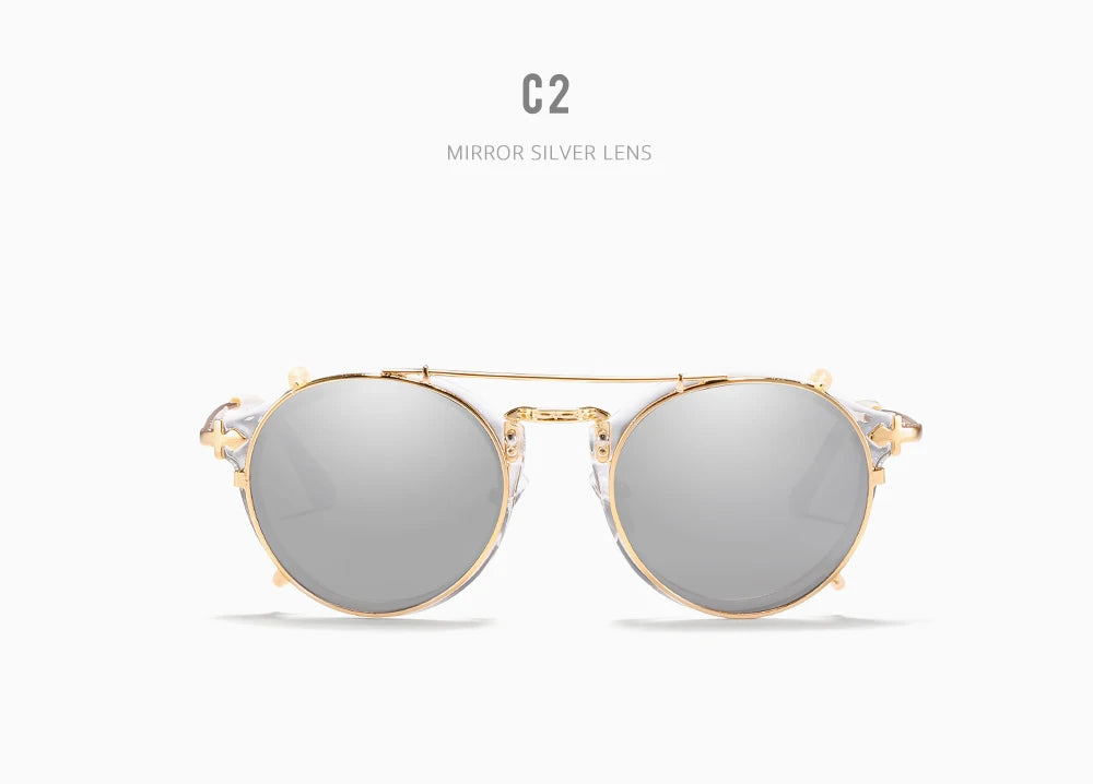 Sonnenbrille rund Steampunk Clip-On abnehmbar polarisiert Markenbox Herren