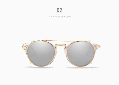 Sonnenbrille rund Steampunk Clip-On abnehmbar polarisiert Markenbox Herren